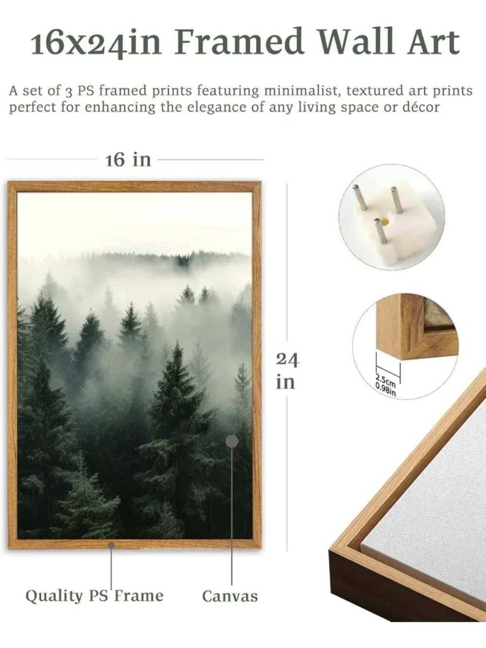 Foggy Forest Framed Wall Art Set of 3, 16x24 Inch Nature Decor for Home